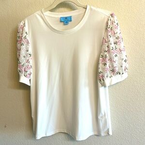 CeCe mock top with sheer embroidered puff sleeves